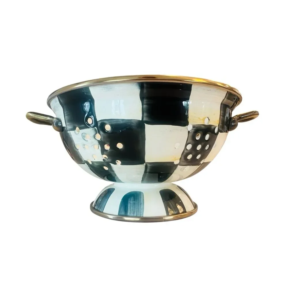MacKenzie-Childs Courtly Check Small Enamel Colander 6.25” 1 Qt Black White